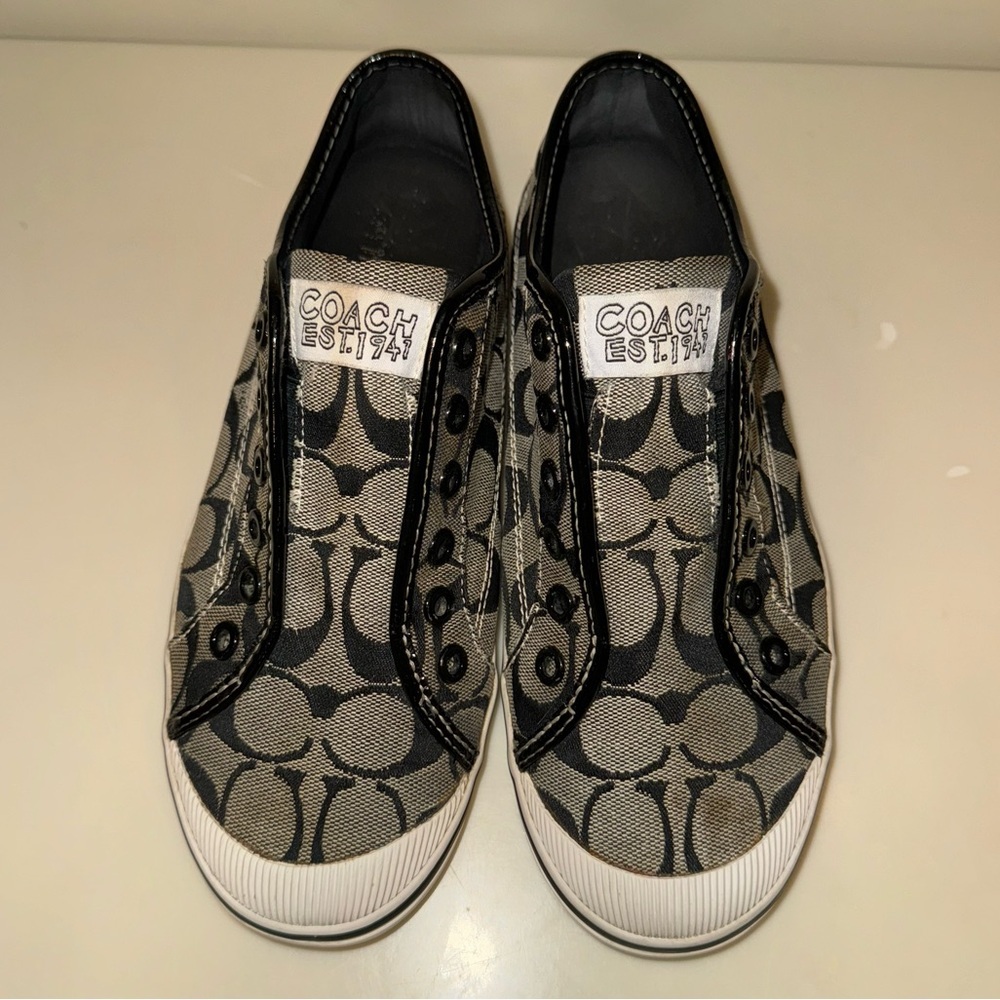 Coach Kira Laceless Slip On Sneakers Jacquard Black White Logo - Picture 9 of 16